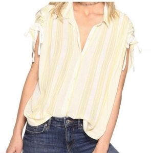 Free People Baby Blues Yellow Stripe Drawstring Button Down Cropped Coastal XS